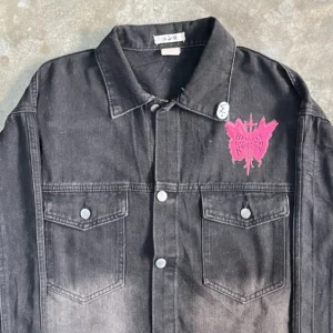 Black puff printed denim jacket