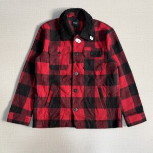Red and black checked plaid jacket with black fleece sherpa collar