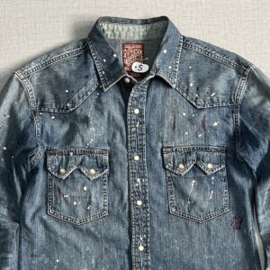 Blue denim paint splatter shirt