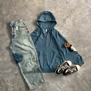 Hand patched green zipper hoodie